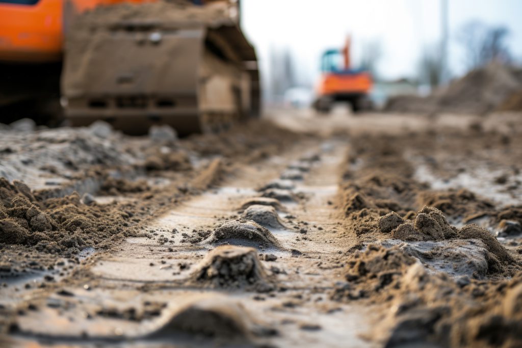 Plac budowy drogi w Małopolsce z maszynami budowlanymi, które wykorzystują firmy drogowe Małopolska podczas realizacji inwestycji.